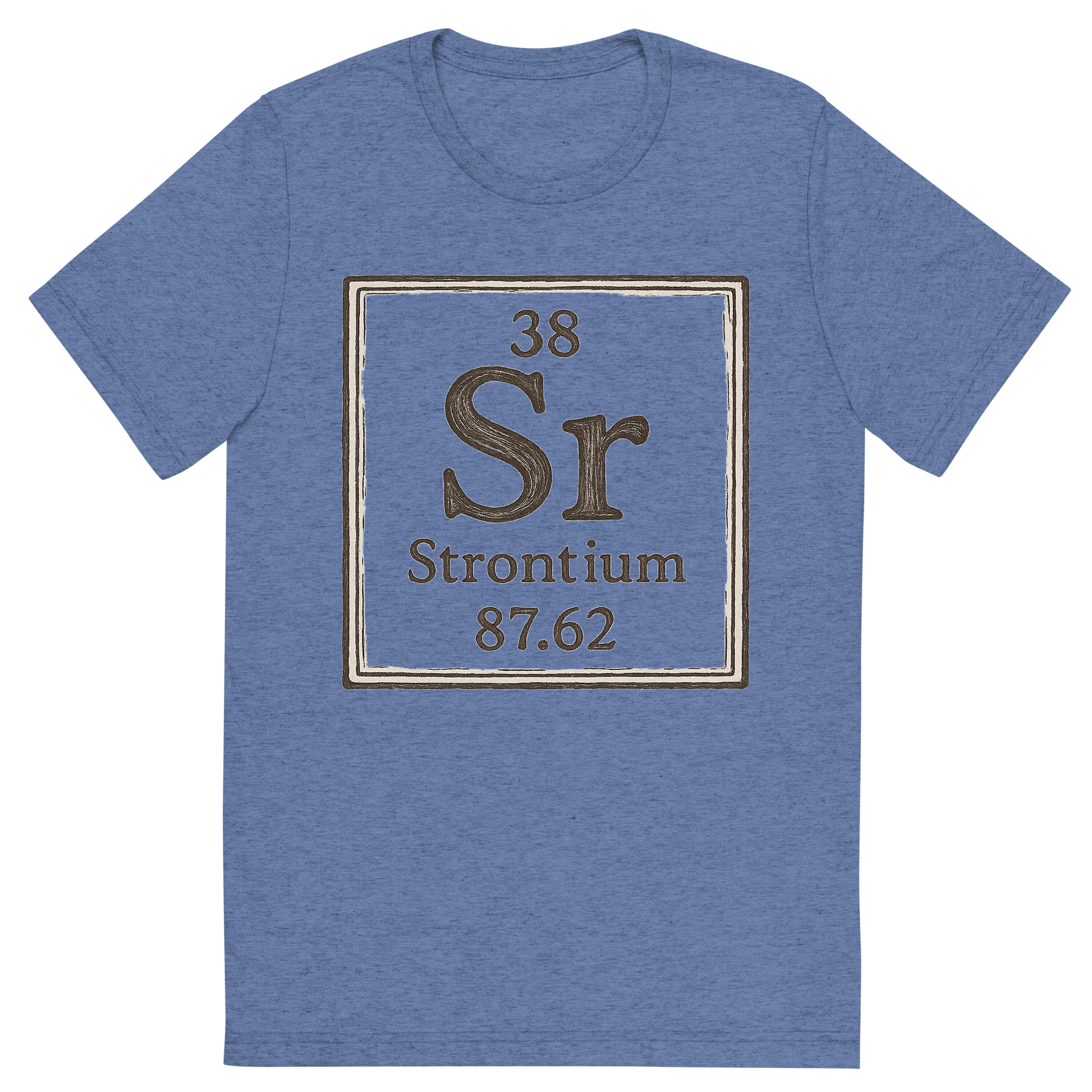 Front view of a Premium Tri-Blend Crew Neck T-Shirt in Blue showing 'A line art, nostalgic graphic of strontium's entry on the periodic table, use a dark color for the lines and text'