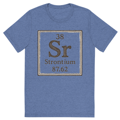 Front view of a Premium Tri-Blend Crew Neck T-Shirt in Blue showing 'A line art, nostalgic graphic of strontium's entry on the periodic table, use a dark color for the lines and text'