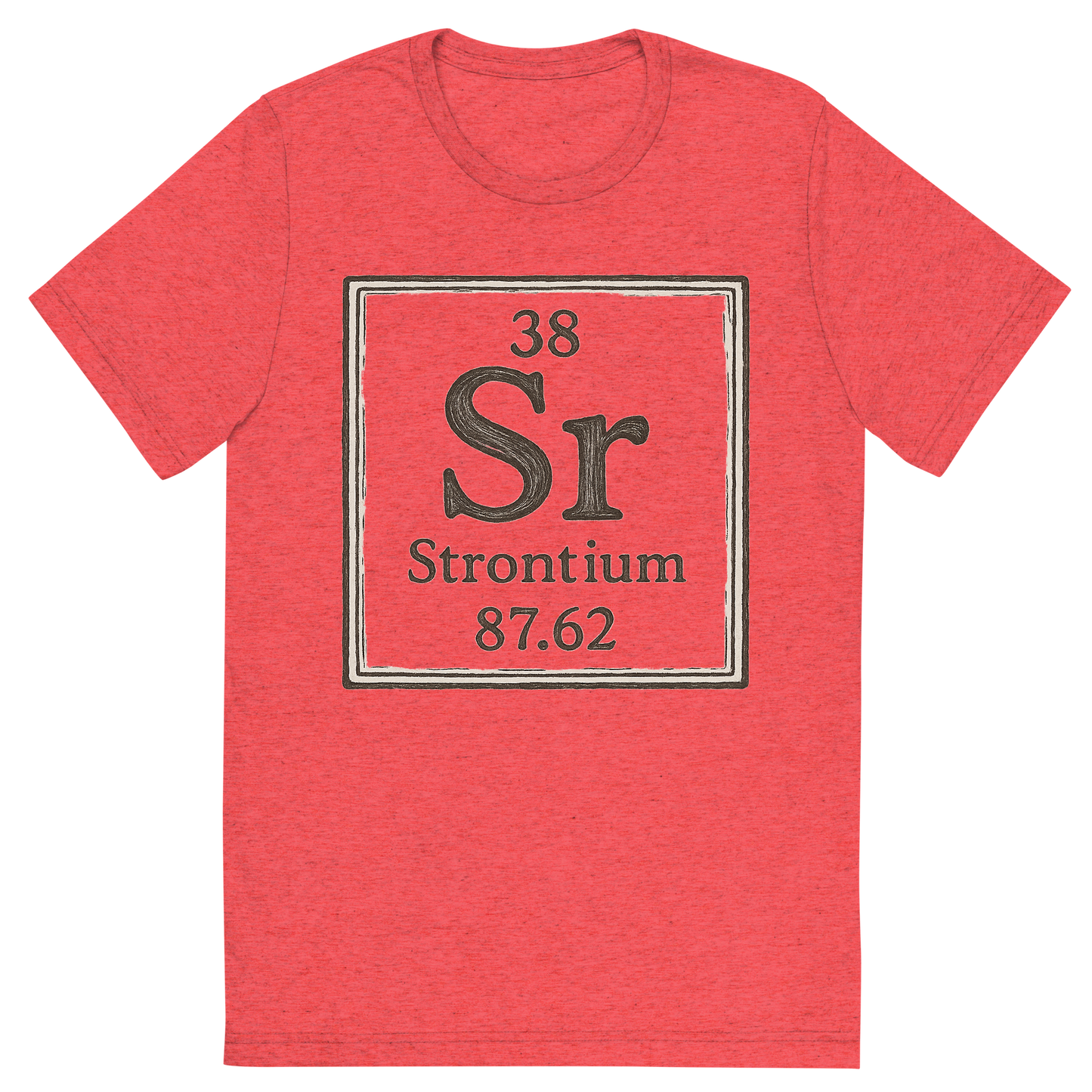 Front view of a Premium Tri-Blend Crew Neck T-Shirt in Red showing 'A line art, nostalgic graphic of strontium's entry on the periodic table, use a dark color for the lines and text'