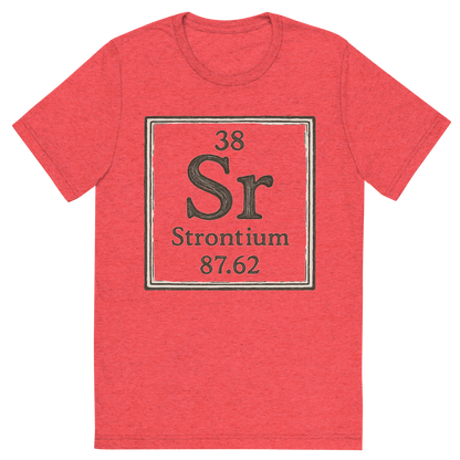 Front view of a Premium Tri-Blend Crew Neck T-Shirt in Red showing 'A line art, nostalgic graphic of strontium's entry on the periodic table, use a dark color for the lines and text'