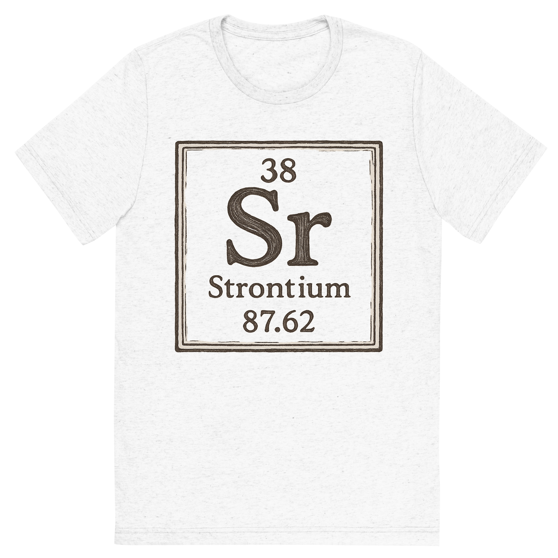 Front view of a Premium Tri-Blend Crew Neck T-Shirt in Solid White showing 'A line art, nostalgic graphic of strontium's entry on the periodic table, use a dark color for the lines and text'