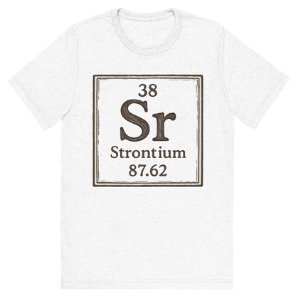 Front view of a Premium Tri-Blend Crew Neck T-Shirt in Solid White showing 'A line art, nostalgic graphic of strontium's entry on the periodic table, use a dark color for the lines and text'