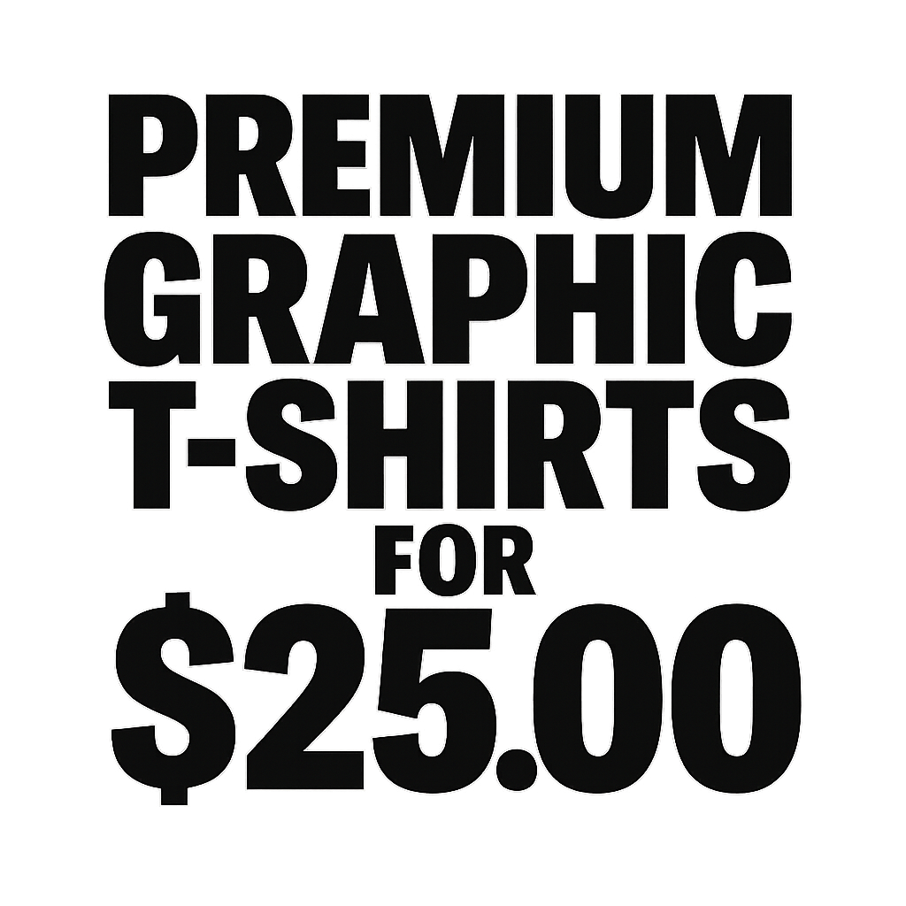 A typographic, bold graphic of just the words premium graphic t-shirts for $25.00 tastefully rendered in typographical treatment – a t-shirt design