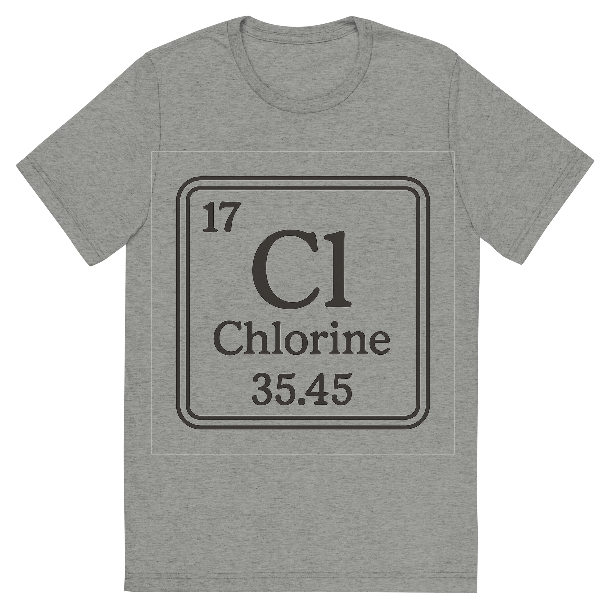 Front view of a Premium Tri-Blend Crew Neck T-Shirt in Athletic Grey showing 'A line art, nostalgic graphic of chlorine's entry on the periodic table, use a dark color for the lines and text'