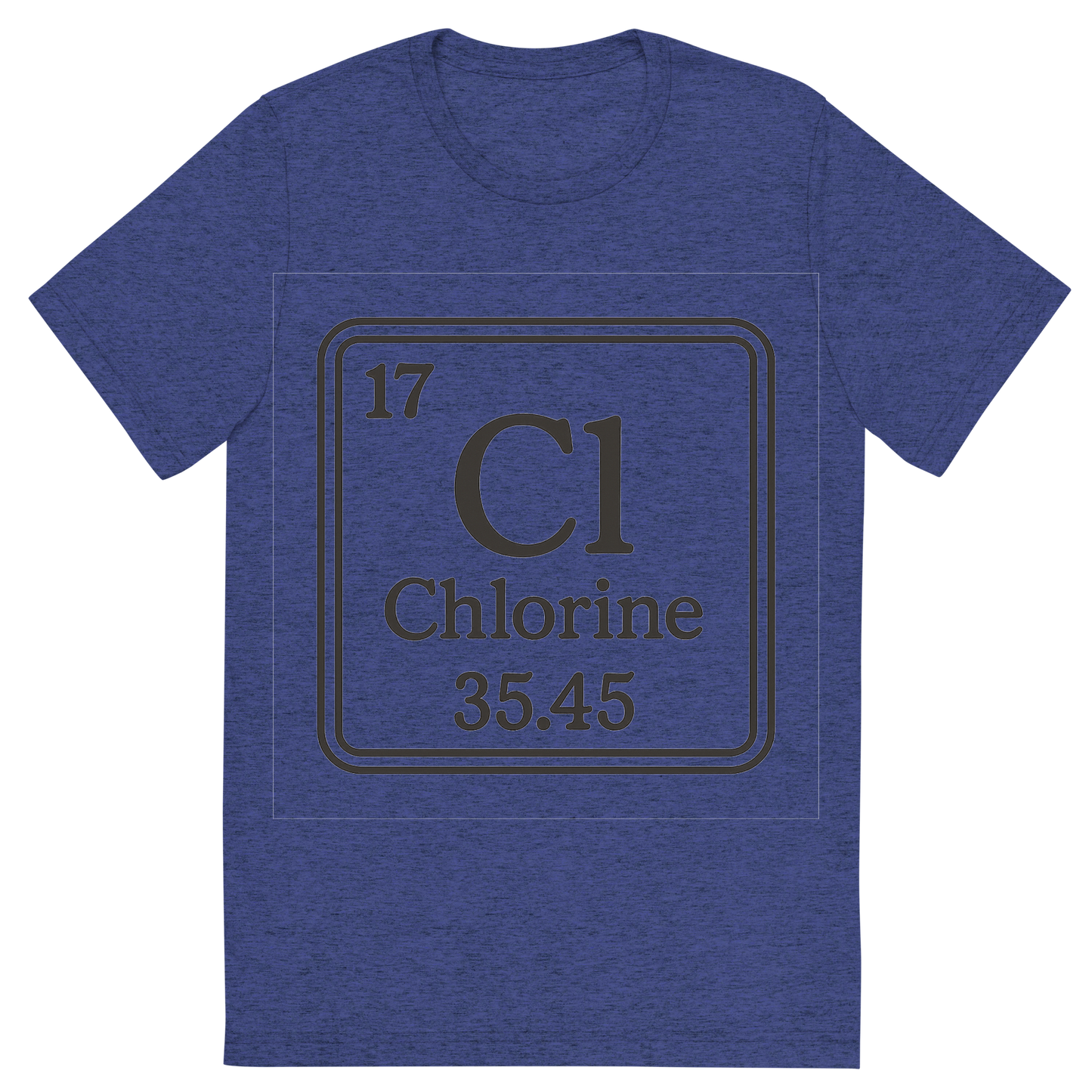 Front view of a Premium Tri-Blend Crew Neck T-Shirt in Navy showing 'A line art, nostalgic graphic of chlorine's entry on the periodic table, use a dark color for the lines and text'