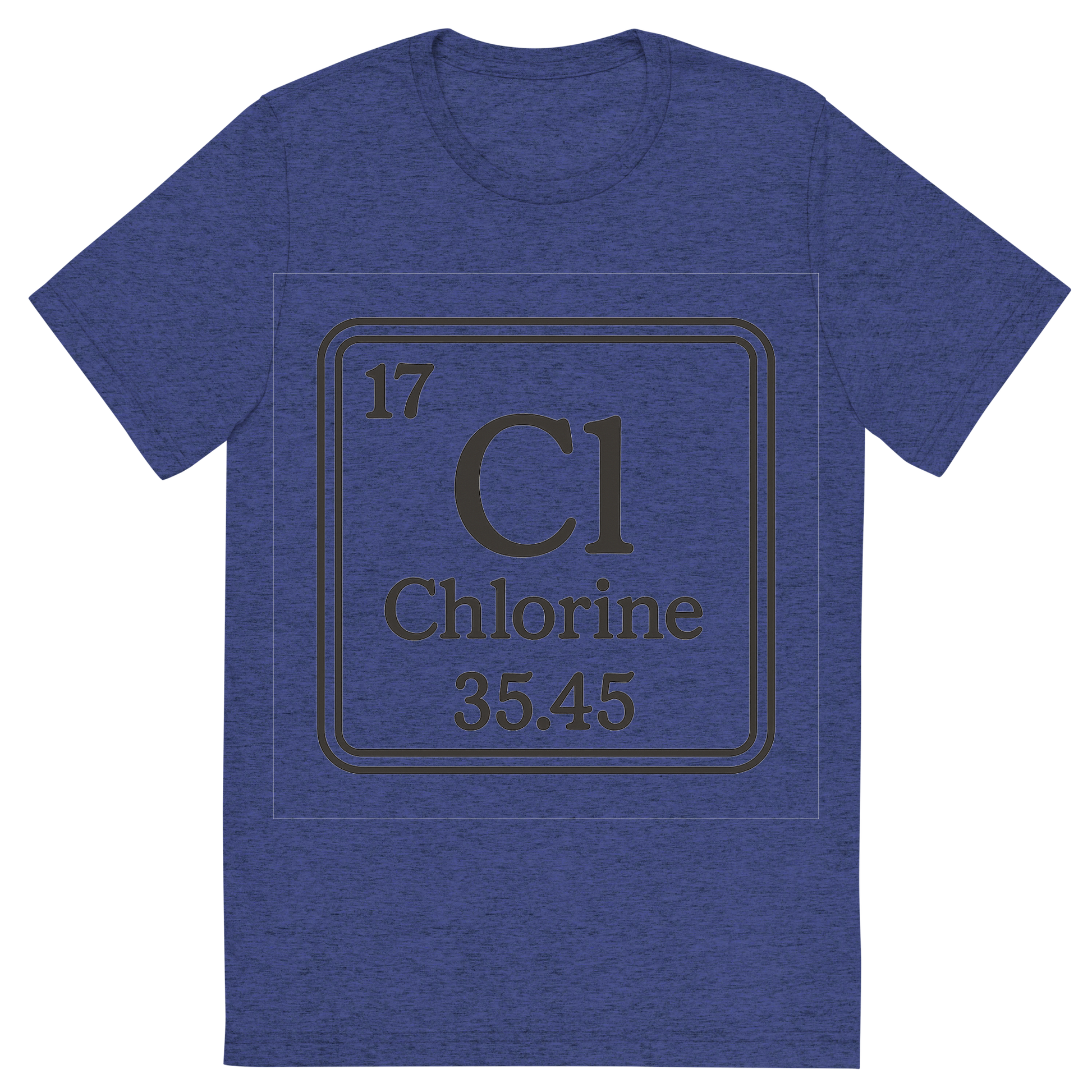 Front view of a Premium Tri-Blend Crew Neck T-Shirt in Navy showing 'A line art, nostalgic graphic of chlorine's entry on the periodic table, use a dark color for the lines and text'