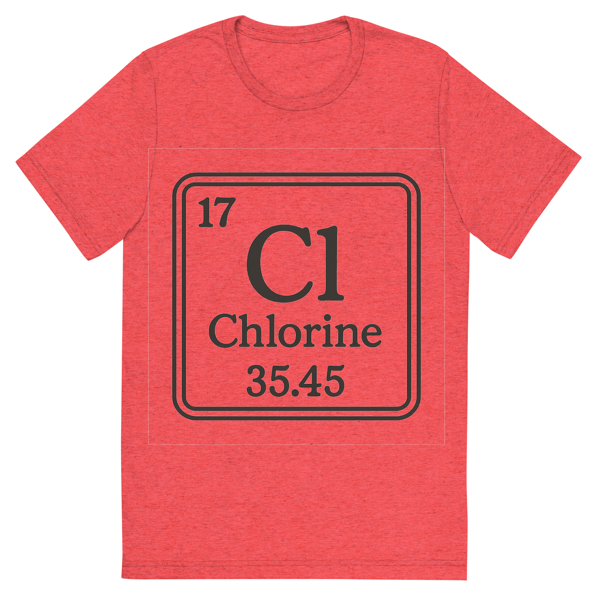 Front view of a Premium Tri-Blend Crew Neck T-Shirt in Red showing 'A line art, nostalgic graphic of chlorine's entry on the periodic table, use a dark color for the lines and text'