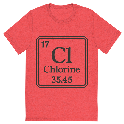 Front view of a Premium Tri-Blend Crew Neck T-Shirt in Red showing 'A line art, nostalgic graphic of chlorine's entry on the periodic table, use a dark color for the lines and text'