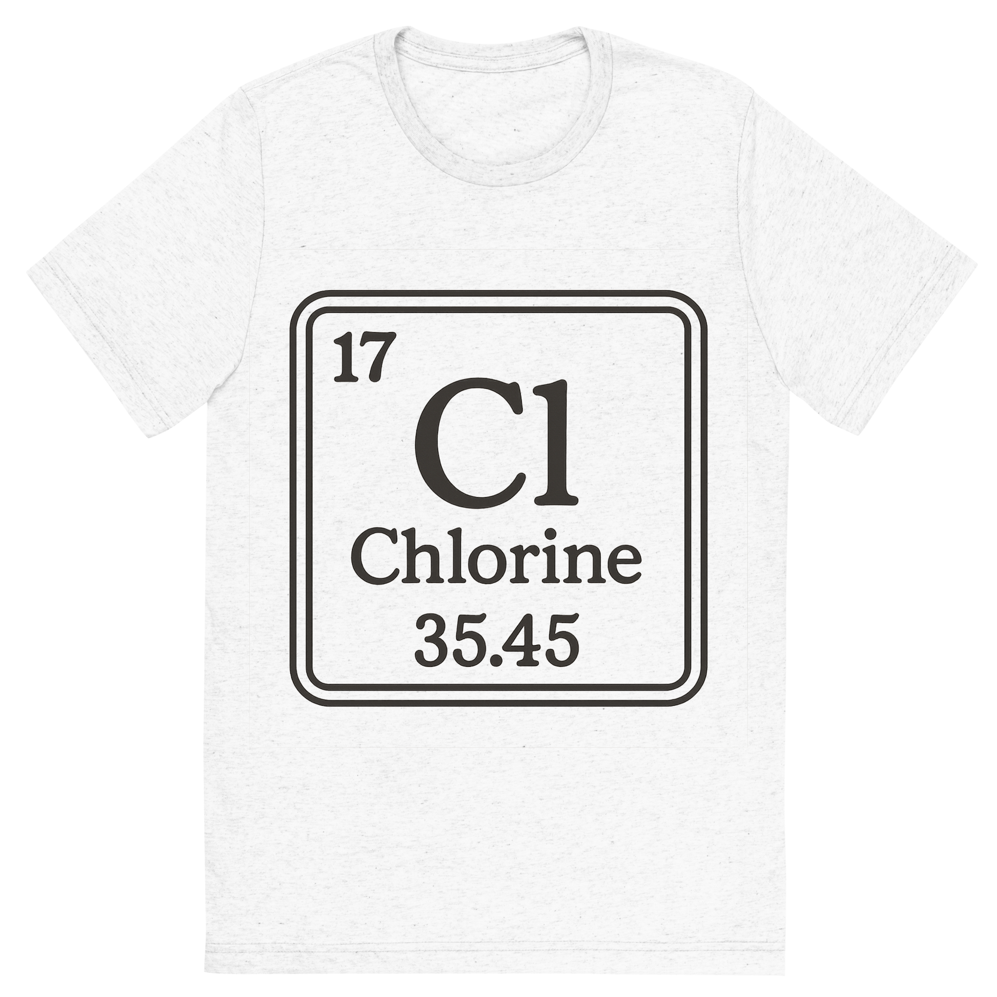 Front view of a Premium Tri-Blend Crew Neck T-Shirt in Solid White showing 'A line art, nostalgic graphic of chlorine's entry on the periodic table, use a dark color for the lines and text'