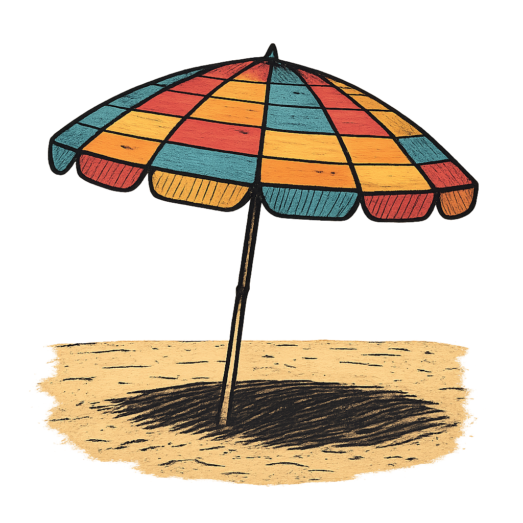 A hand-drawn ink with pops of color, nostalgic graphic of a colorful retro beach umbrella with alternating stripes, open and casting a shadow on the sand, hand-drawn ink with pops of color, square layout, transparent background, optimized for dtg printing - a t-shirt design