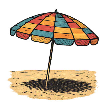 A hand-drawn ink with pops of color, nostalgic graphic of a colorful retro beach umbrella with alternating stripes, open and casting a shadow on the sand, hand-drawn ink with pops of color, square layout, transparent background, optimized for dtg printing - a t-shirt design
