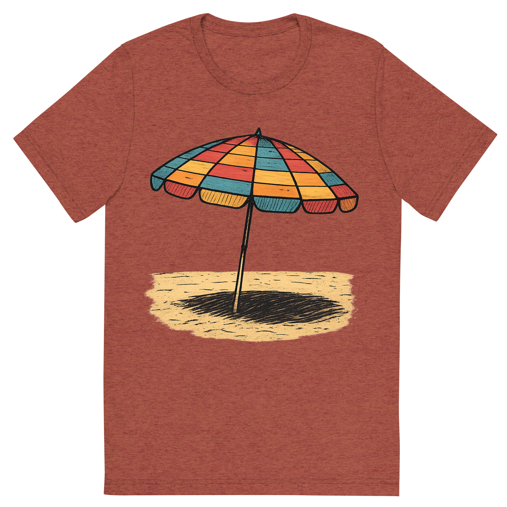 Front view of a Premium Tri-Blend Crew Neck T-Shirt in Clay showing 'A hand-drawn ink with pops of color, nostalgic graphic of a colorful retro beach umbrella with alternating stripes, open and casting a shadow on the sand, hand-drawn ink with pops of color, square layout, transparent background, optimized for dtg printing'