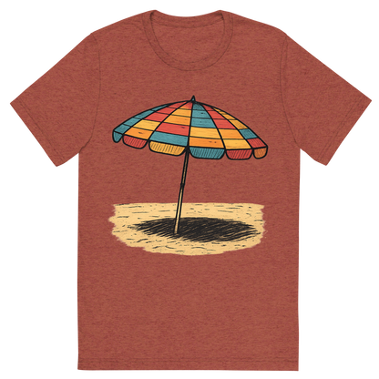 Front view of a Premium Tri-Blend Crew Neck T-Shirt in Clay showing 'A hand-drawn ink with pops of color, nostalgic graphic of a colorful retro beach umbrella with alternating stripes, open and casting a shadow on the sand, hand-drawn ink with pops of color, square layout, transparent background, optimized for dtg printing'