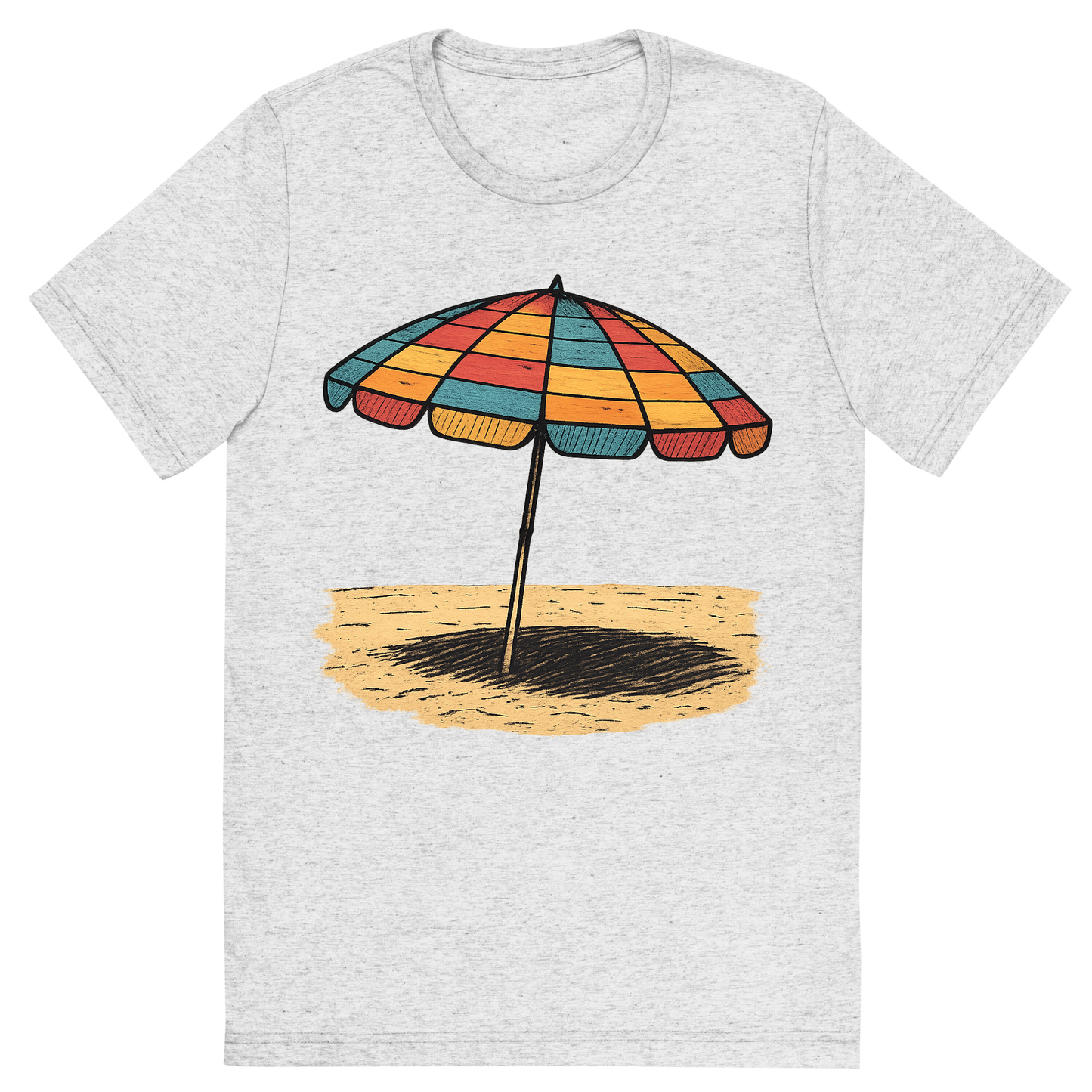 Front view of a Premium Tri-Blend Crew Neck T-Shirt in White Fleck showing 'A hand-drawn ink with pops of color, nostalgic graphic of a colorful retro beach umbrella with alternating stripes, open and casting a shadow on the sand, hand-drawn ink with pops of color, square layout, transparent background, optimized for dtg printing'