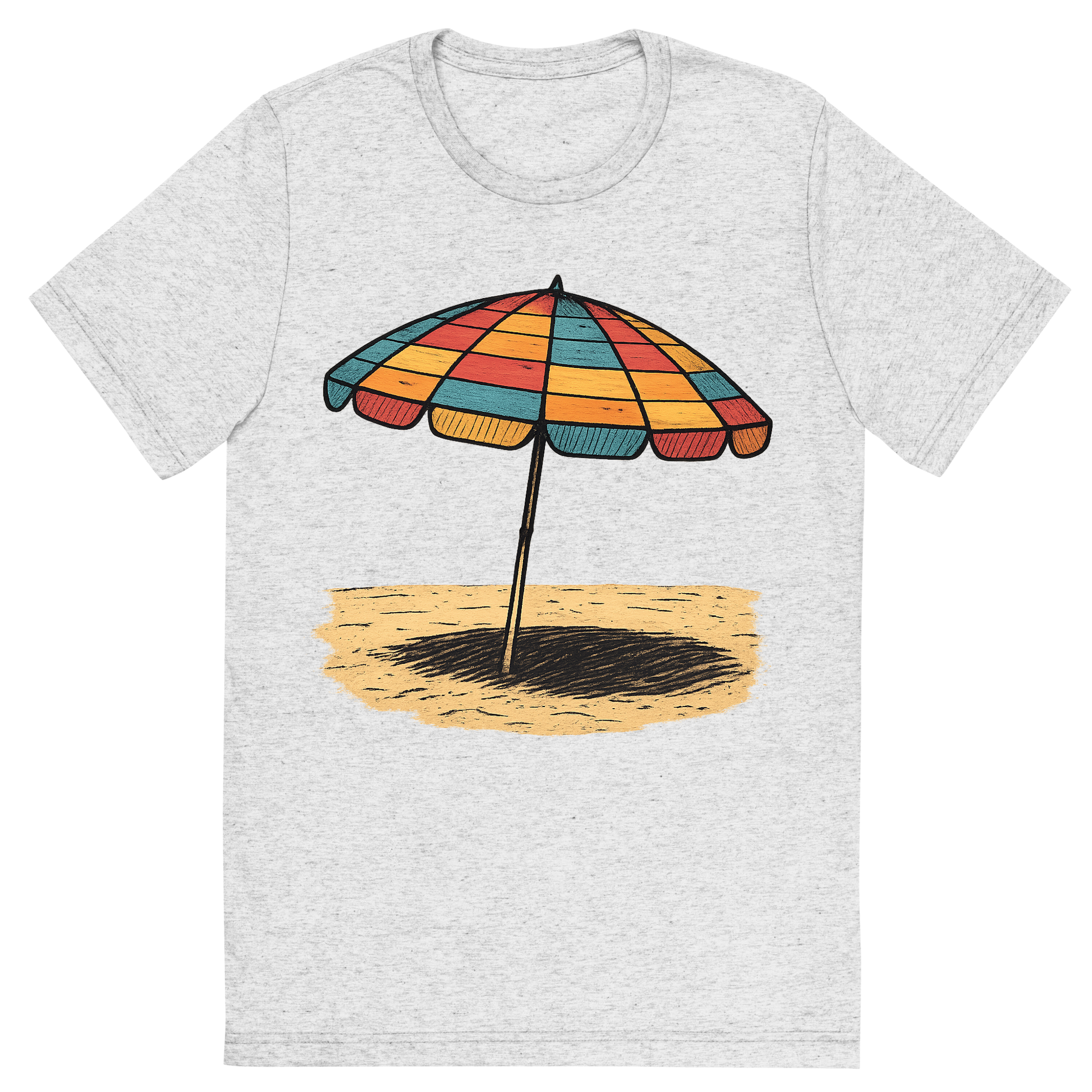 Front view of a Premium Tri-Blend Crew Neck T-Shirt in White Fleck showing 'A hand-drawn ink with pops of color, nostalgic graphic of a colorful retro beach umbrella with alternating stripes, open and casting a shadow on the sand, hand-drawn ink with pops of color, square layout, transparent background, optimized for dtg printing'