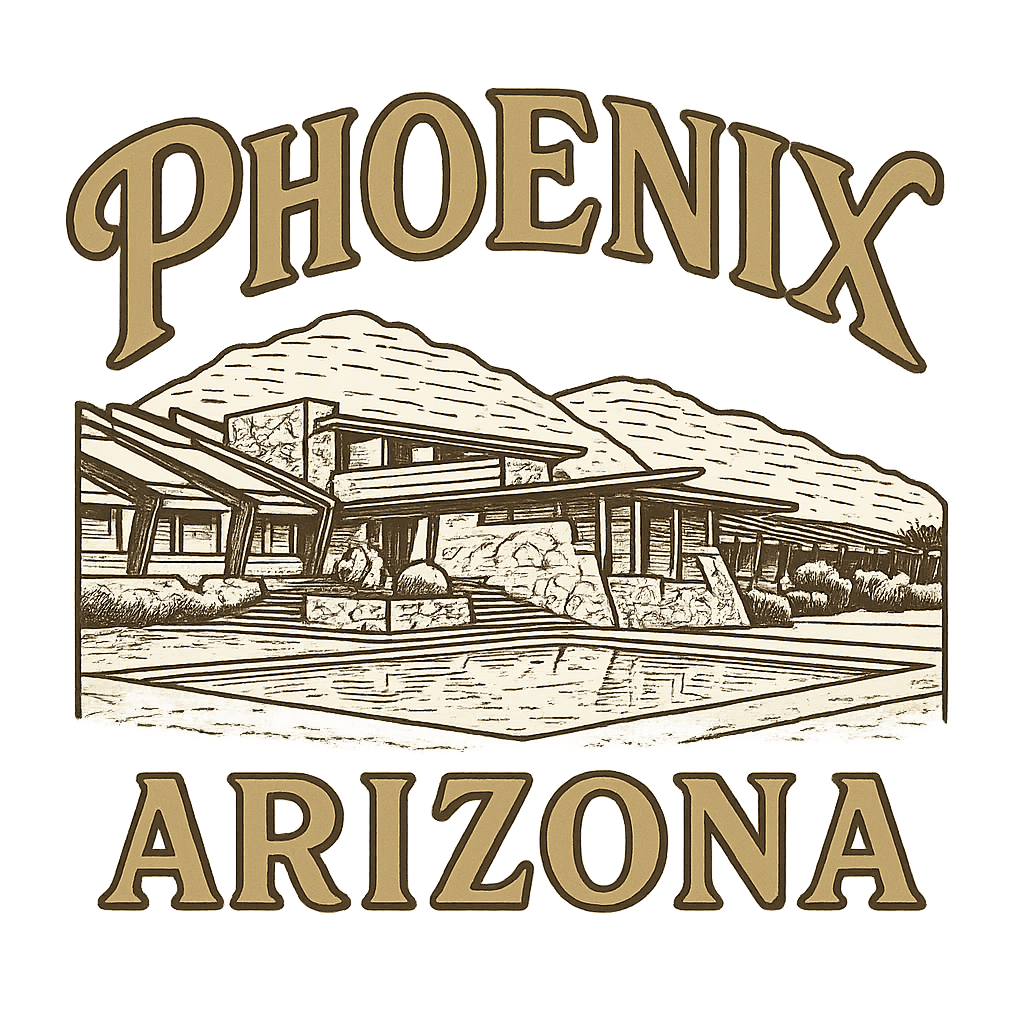 A typographic, nostalgic graphic of a typographic illustration of the words 'phoenix, arizona' with a vintage line art drawing of taliesin west – a t-shirt design
