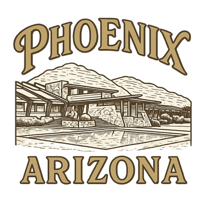 A typographic, nostalgic graphic of a typographic illustration of the words 'phoenix, arizona' with a vintage line art drawing of taliesin west – a t-shirt design
