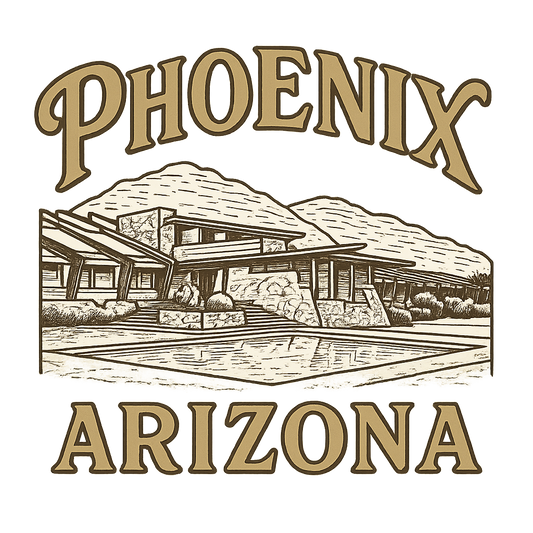 A typographic, nostalgic graphic of a typographic illustration of the words 'phoenix, arizona' with a vintage line art drawing of taliesin west – a t-shirt design