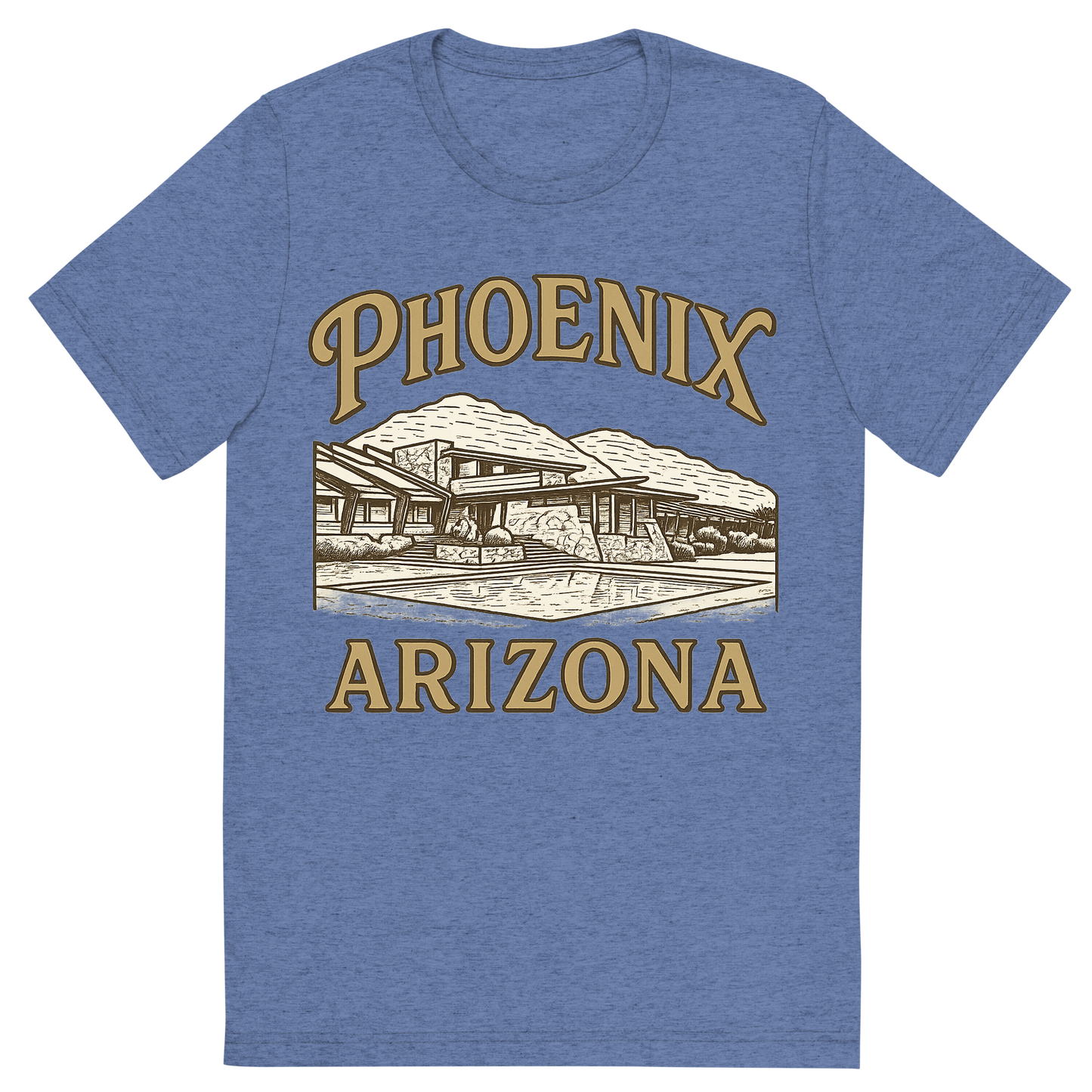 Front view of a Premium Tri-Blend Crew Neck T-Shirt in Blue showing 'A typographic, nostalgic graphic of a typographic illustration of the words 'phoenix, arizona' with a vintage line art drawing of taliesin west'