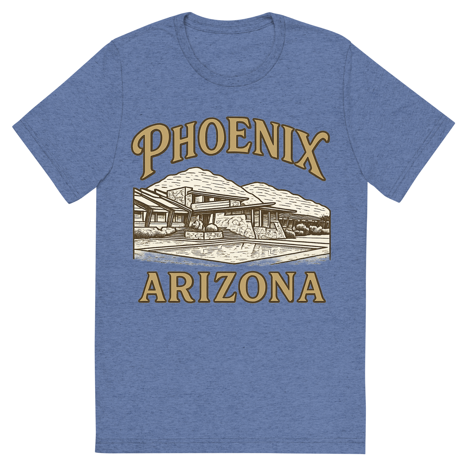 Front view of a Premium Tri-Blend Crew Neck T-Shirt in Blue showing 'A typographic, nostalgic graphic of a typographic illustration of the words 'phoenix, arizona' with a vintage line art drawing of taliesin west'