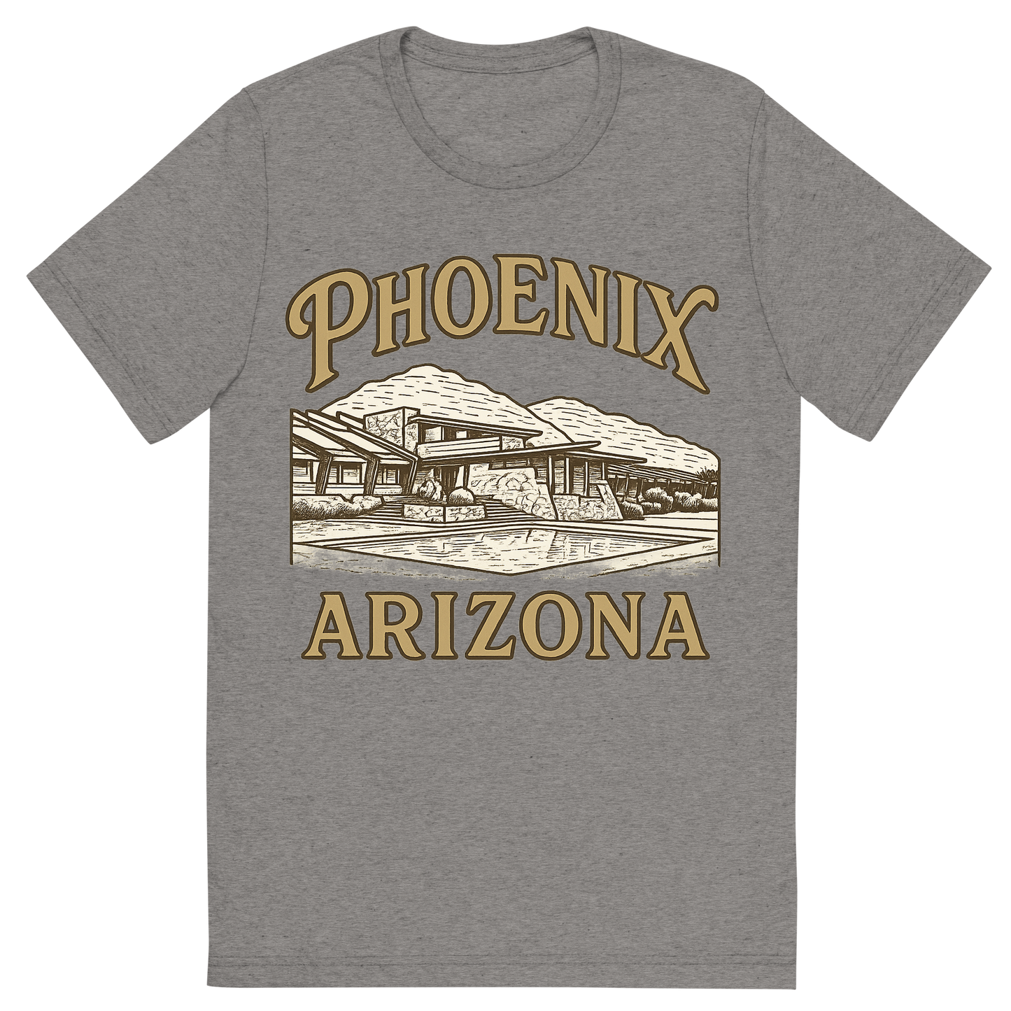 Front view of a Premium Tri-Blend Crew Neck T-Shirt in Grey showing 'A typographic, nostalgic graphic of a typographic illustration of the words 'phoenix, arizona' with a vintage line art drawing of taliesin west'
