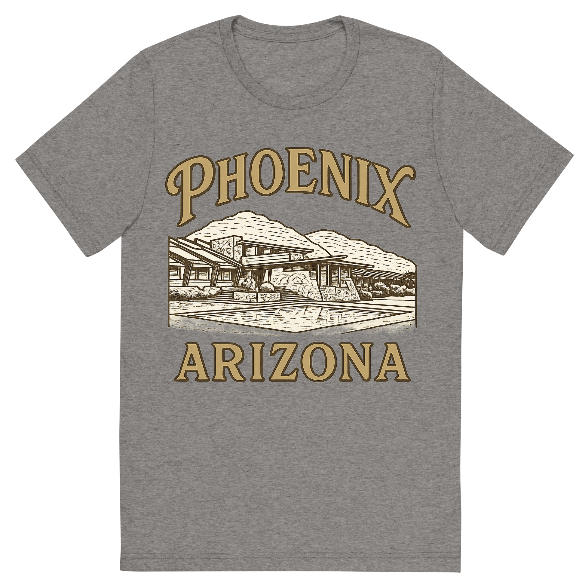 Front view of a Premium Tri-Blend Crew Neck T-Shirt in Grey showing 'A typographic, nostalgic graphic of a typographic illustration of the words 'phoenix, arizona' with a vintage line art drawing of taliesin west'