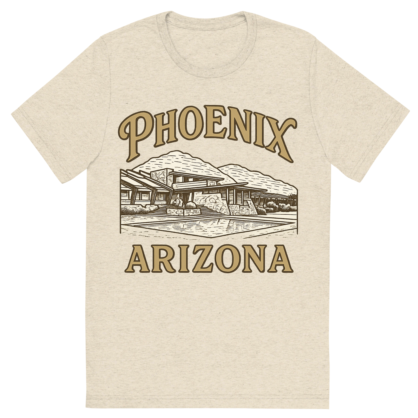 Front view of a Premium Tri-Blend Crew Neck T-Shirt in Oatmeal showing 'A typographic, nostalgic graphic of a typographic illustration of the words 'phoenix, arizona' with a vintage line art drawing of taliesin west'