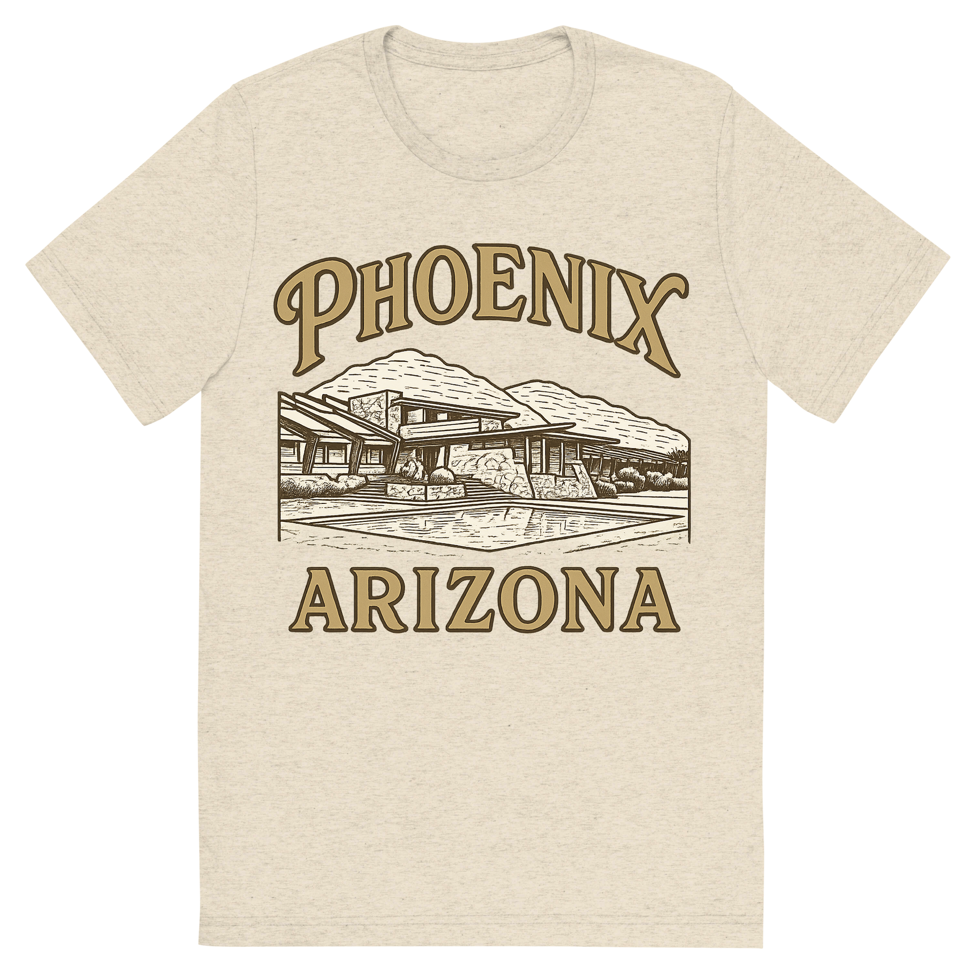 Front view of a Premium Tri-Blend Crew Neck T-Shirt in Oatmeal showing 'A typographic, nostalgic graphic of a typographic illustration of the words 'phoenix, arizona' with a vintage line art drawing of taliesin west'