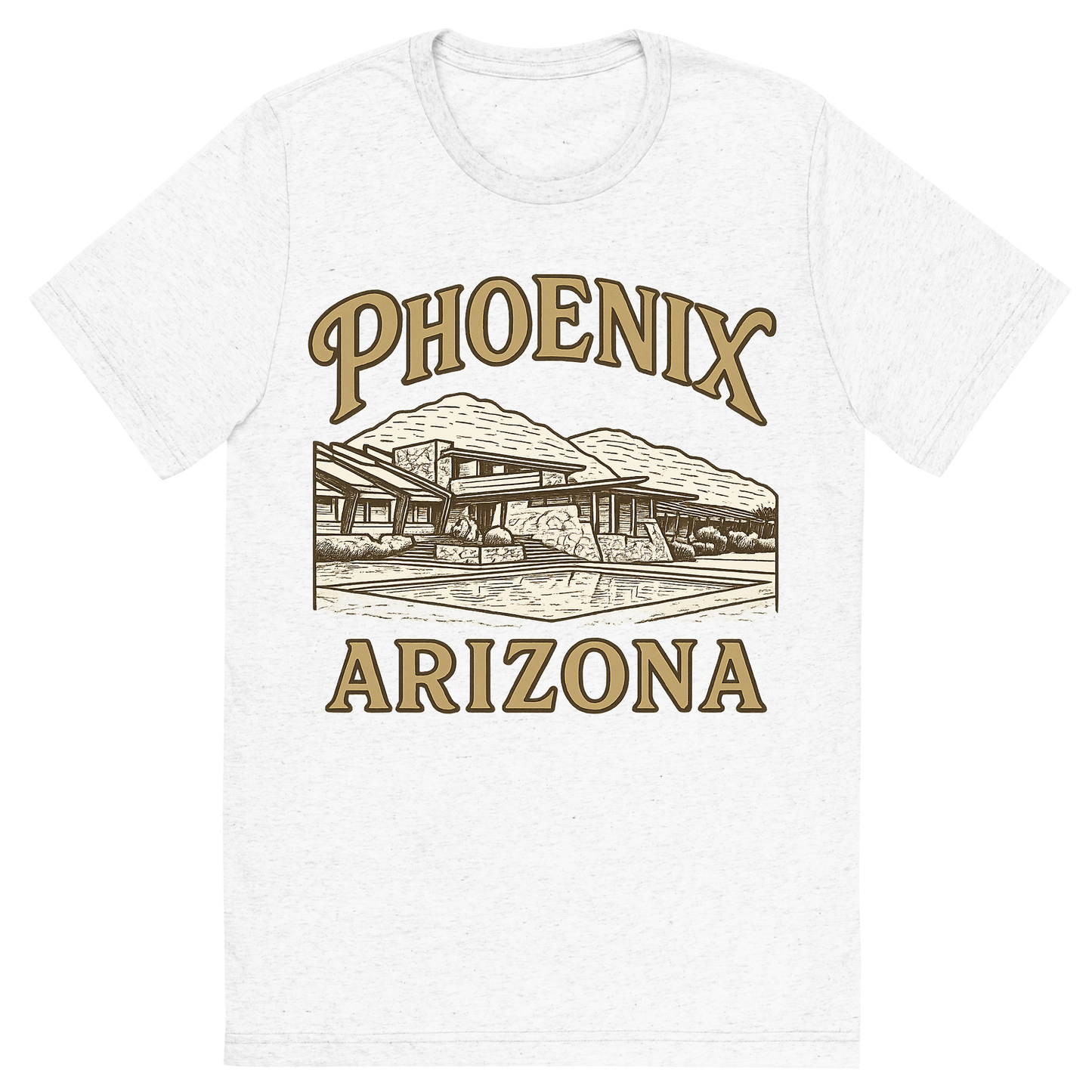Front view of a Premium Tri-Blend Crew Neck T-Shirt in Solid White showing 'A typographic, nostalgic graphic of a typographic illustration of the words 'phoenix, arizona' with a vintage line art drawing of taliesin west'
