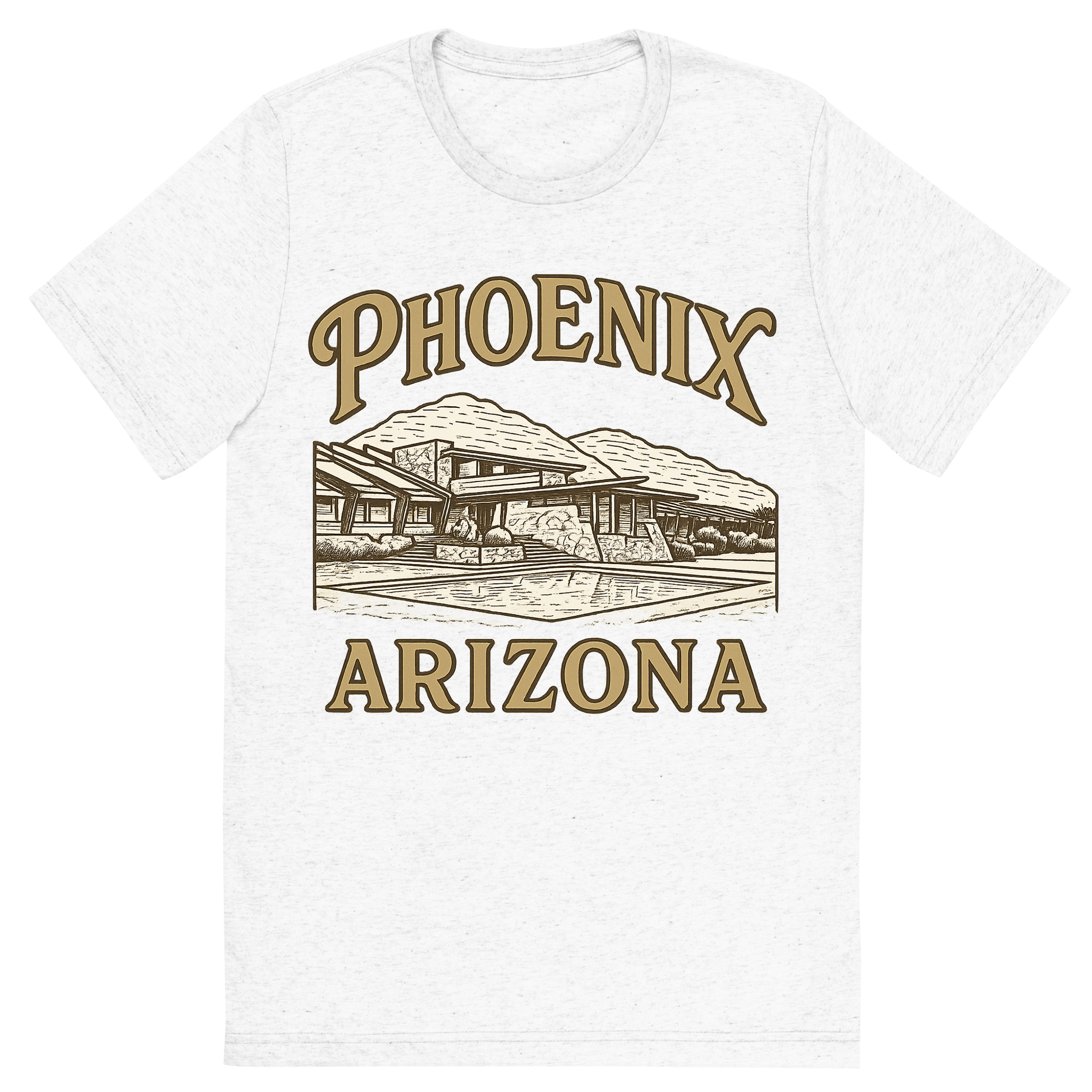 Front view of a Premium Tri-Blend Crew Neck T-Shirt in Solid White showing 'A typographic, nostalgic graphic of a typographic illustration of the words 'phoenix, arizona' with a vintage line art drawing of taliesin west'