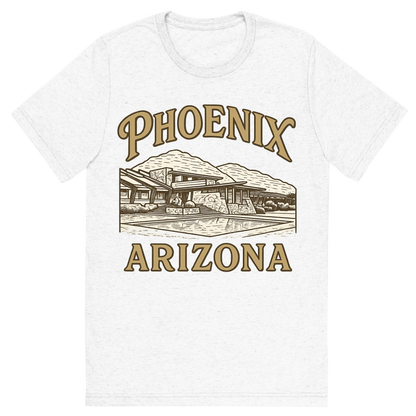 Front view of a Premium Tri-Blend Crew Neck T-Shirt in Solid White showing 'A typographic, nostalgic graphic of a typographic illustration of the words 'phoenix, arizona' with a vintage line art drawing of taliesin west'