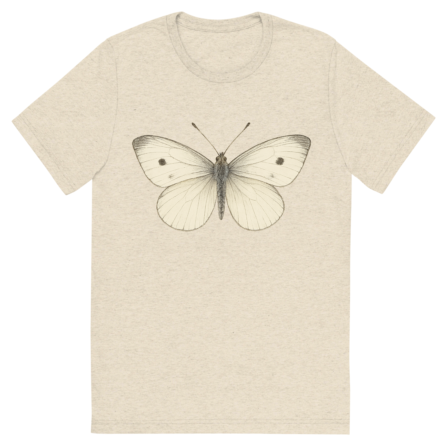 Front view of a Premium Tri-Blend Crew Neck T-Shirt in Oatmeal showing 'A hand-drawn, tranquil graphic of cabbage white butterfly'