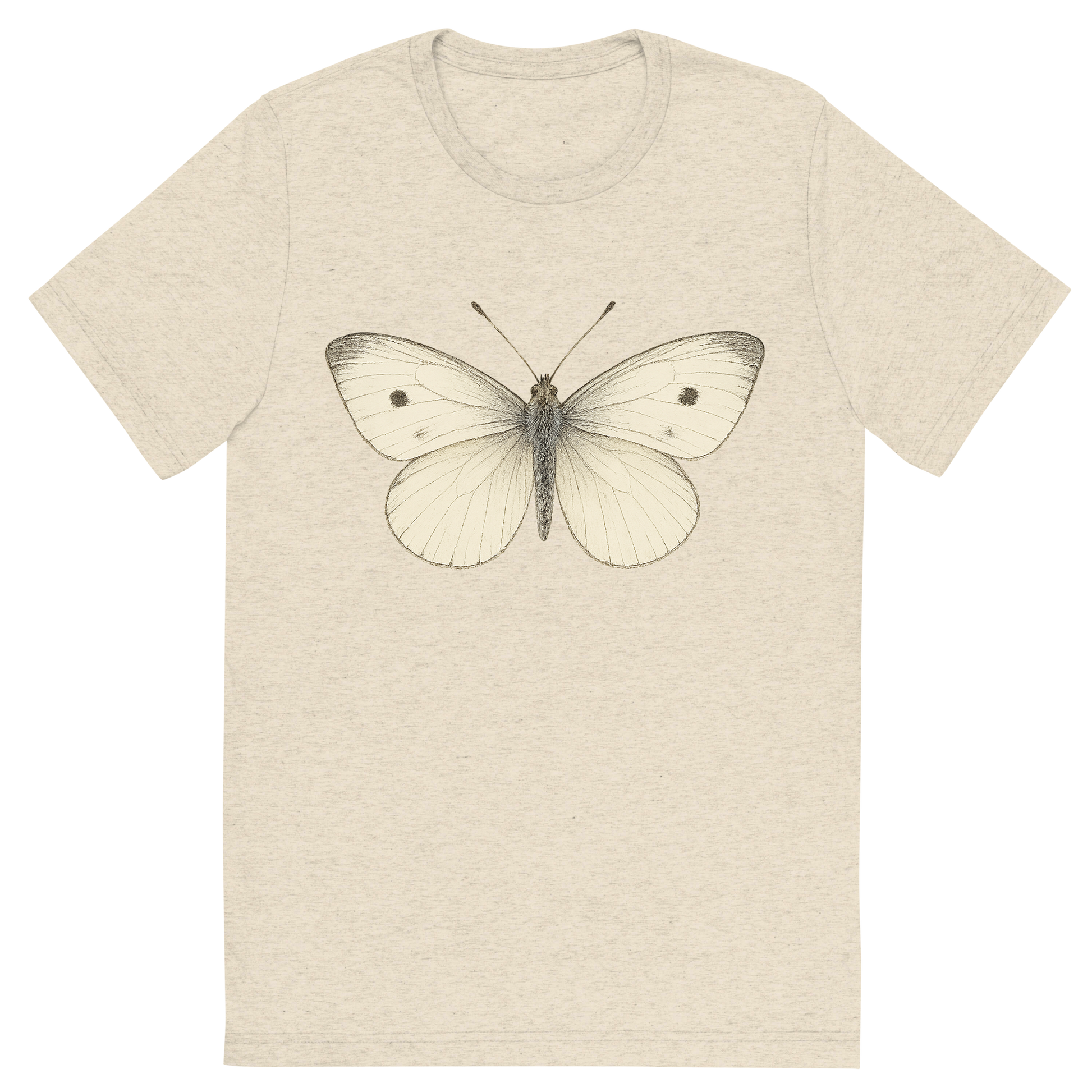 Front view of a Premium Tri-Blend Crew Neck T-Shirt in Oatmeal showing 'A hand-drawn, tranquil graphic of cabbage white butterfly'