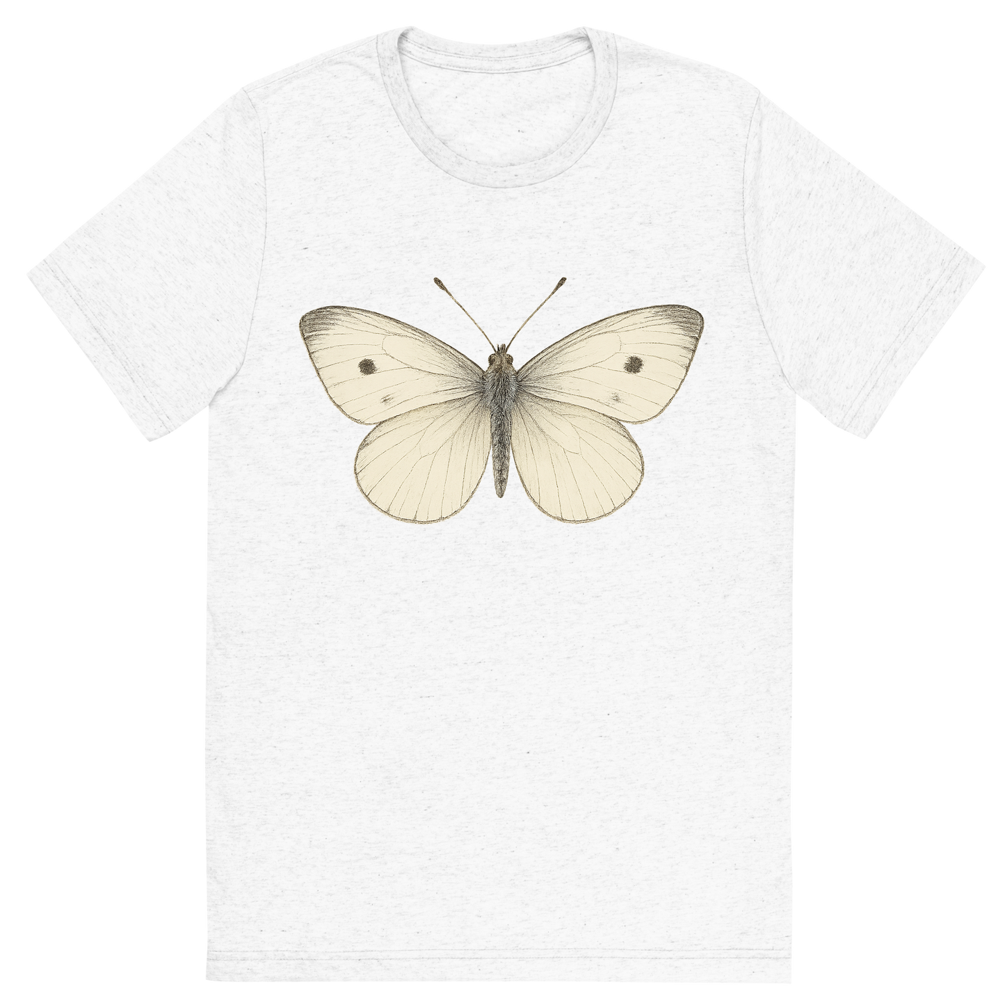 Front view of a Premium Tri-Blend Crew Neck T-Shirt in Solid White showing 'A hand-drawn, tranquil graphic of cabbage white butterfly'