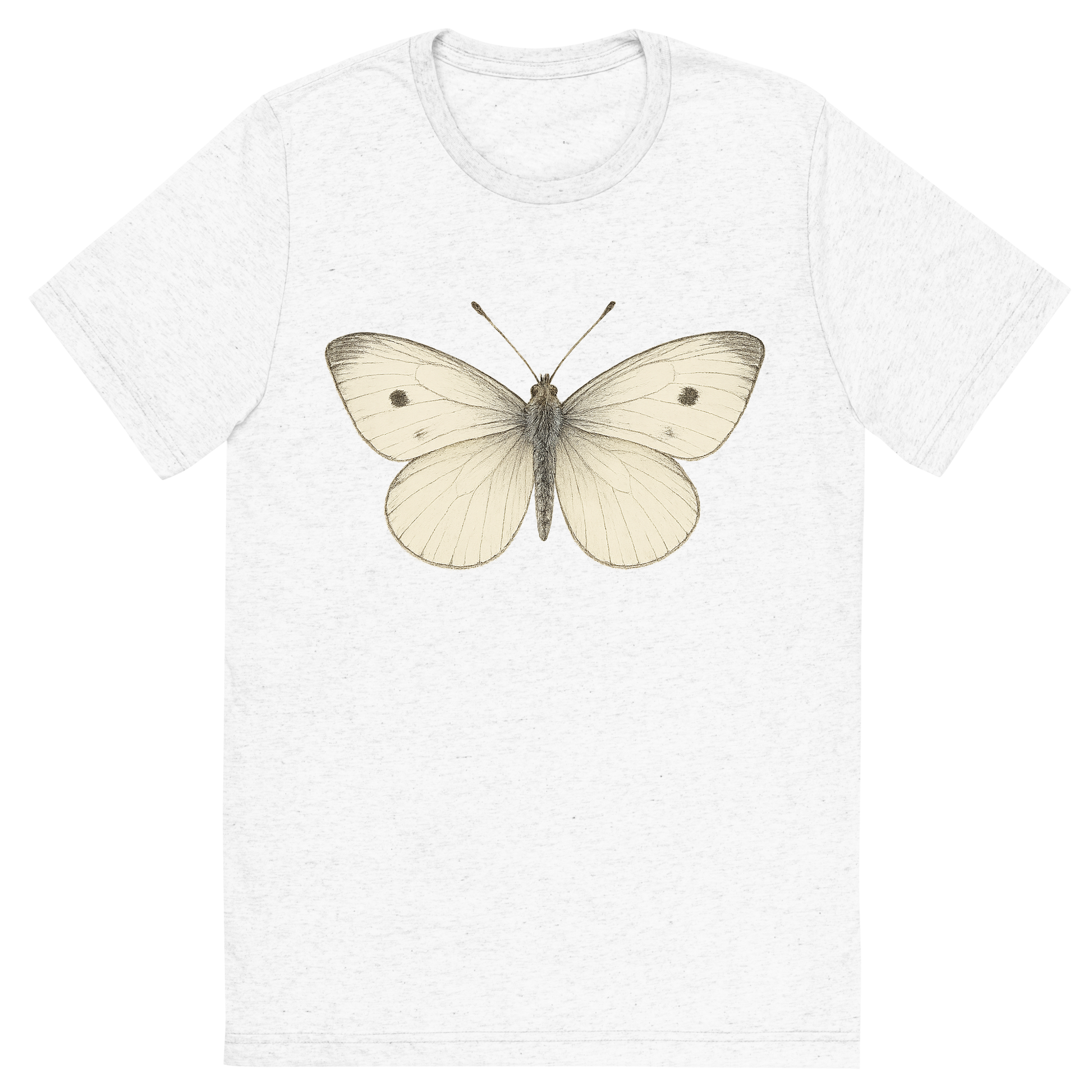 Front view of a Premium Tri-Blend Crew Neck T-Shirt in Solid White showing 'A hand-drawn, tranquil graphic of cabbage white butterfly'