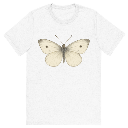 Front view of a Premium Tri-Blend Crew Neck T-Shirt in Solid White showing 'A hand-drawn, tranquil graphic of cabbage white butterfly'