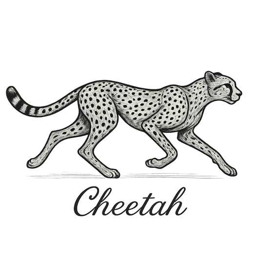 A flat, neutral graphic of a sleek drawing of a running cheetah with tear markings and long limbs. “cheetah” is inscribed below in cursive. detailed ink illustration on a white background. - a t-shirt design