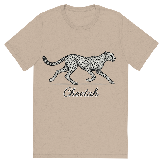 Front view of a Premium Tri-Blend Crew Neck T-Shirt in Tan showing 'A flat, neutral graphic of a sleek drawing of a running cheetah with tear markings and long limbs. “cheetah” is inscribed below in cursive. detailed ink illustration on a white background.'