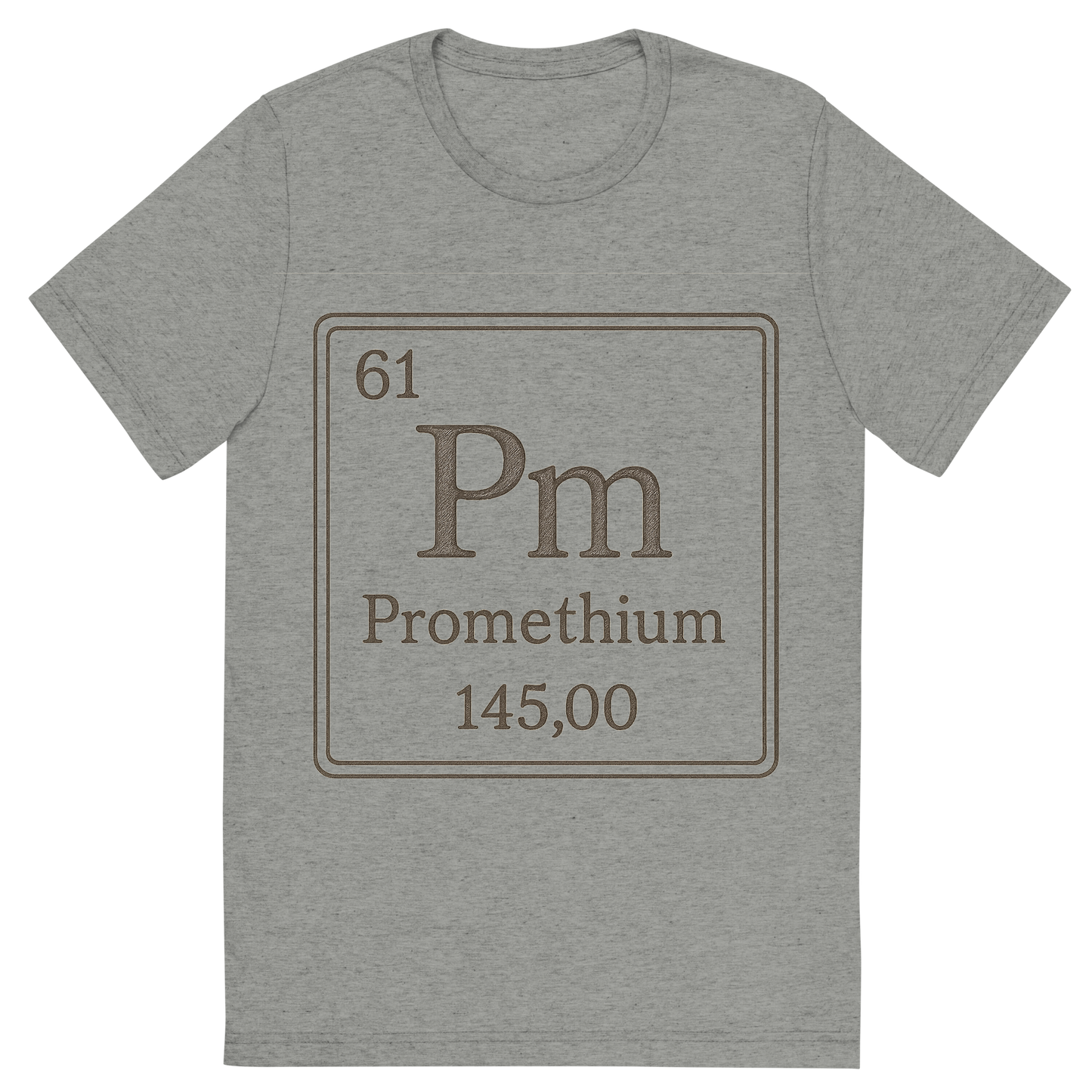 Front view of a Premium Tri-Blend Crew Neck T-Shirt in Athletic Grey showing 'A line art, nostalgic graphic of promethium's entry on the periodic table, use a dark color for the lines and text'