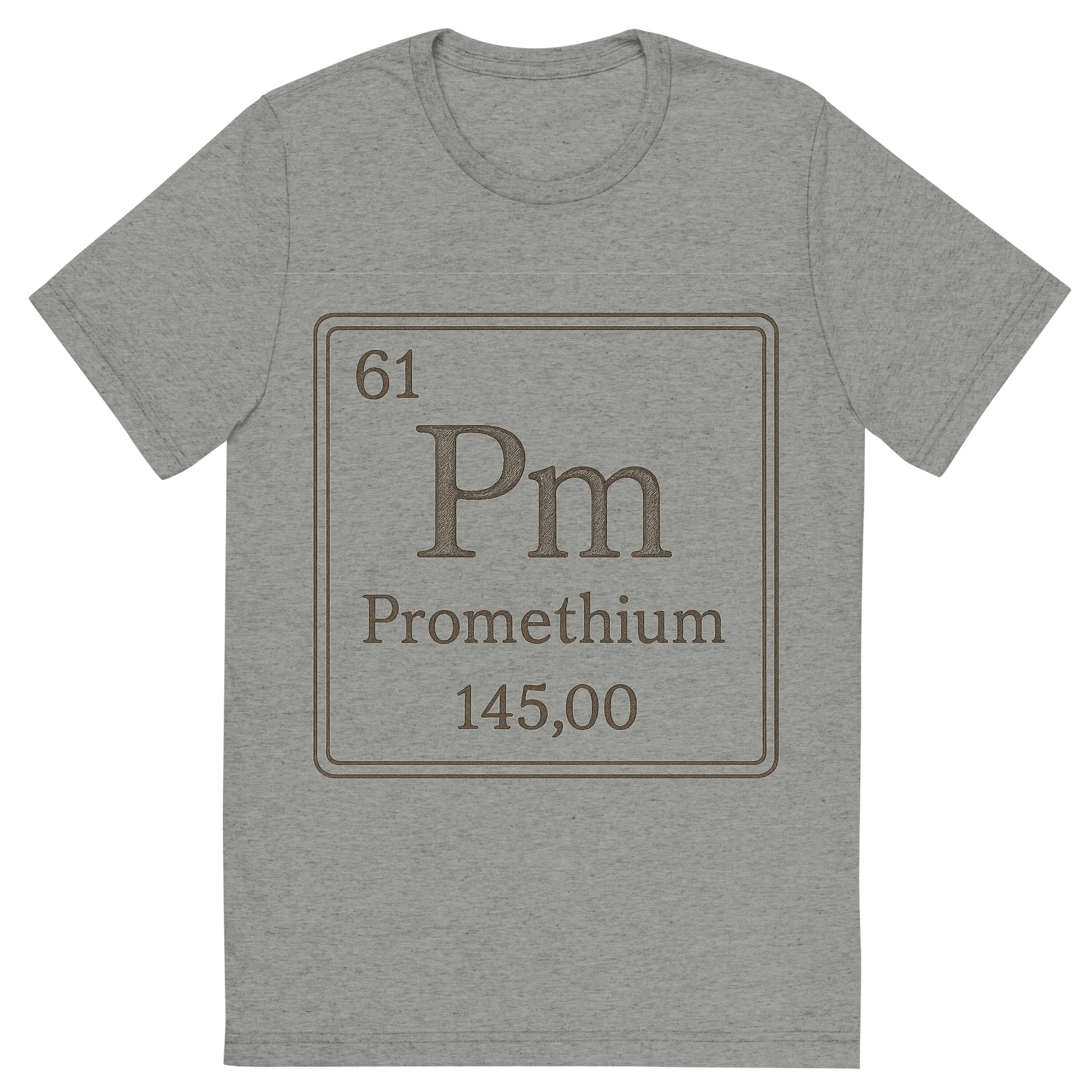 Front view of a Premium Tri-Blend Crew Neck T-Shirt in Athletic Grey showing 'A line art, nostalgic graphic of promethium's entry on the periodic table, use a dark color for the lines and text'