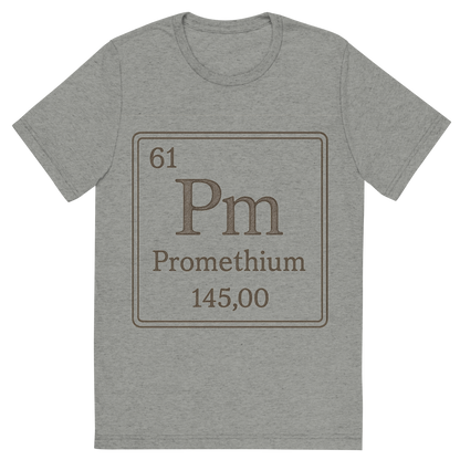 Front view of a Premium Tri-Blend Crew Neck T-Shirt in Athletic Grey showing 'A line art, nostalgic graphic of promethium's entry on the periodic table, use a dark color for the lines and text'