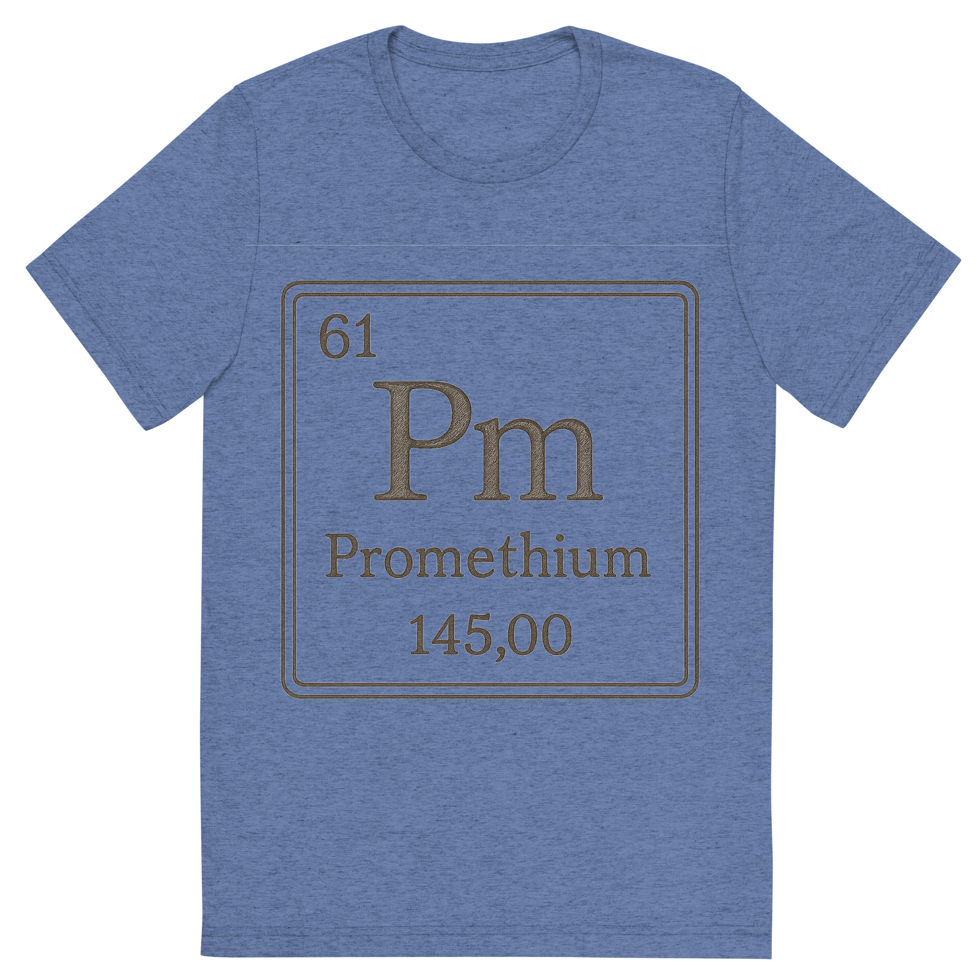 Front view of a Premium Tri-Blend Crew Neck T-Shirt in Blue showing 'A line art, nostalgic graphic of promethium's entry on the periodic table, use a dark color for the lines and text'