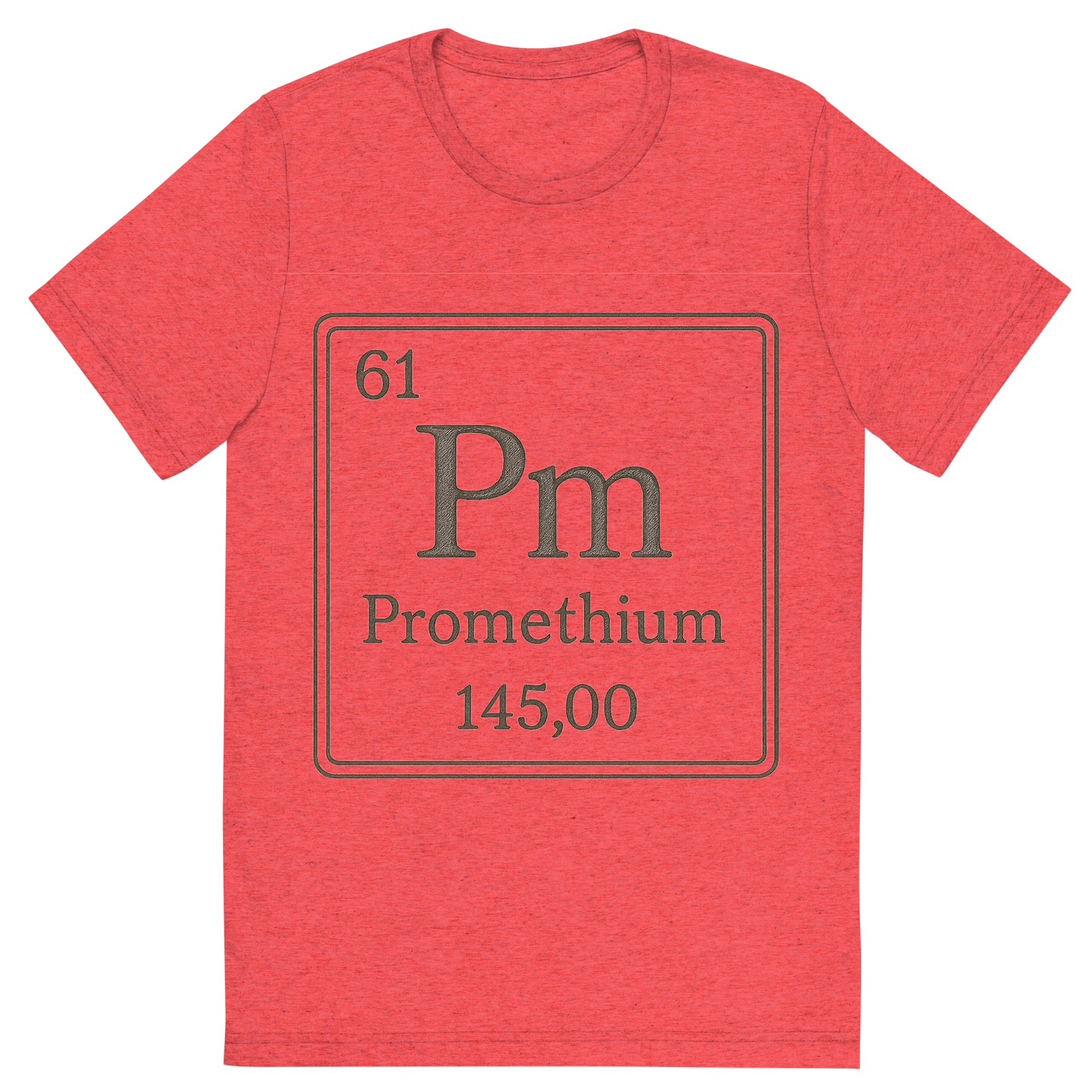 Front view of a Premium Tri-Blend Crew Neck T-Shirt in Red showing 'A line art, nostalgic graphic of promethium's entry on the periodic table, use a dark color for the lines and text'