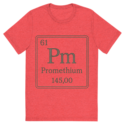 Front view of a Premium Tri-Blend Crew Neck T-Shirt in Red showing 'A line art, nostalgic graphic of promethium's entry on the periodic table, use a dark color for the lines and text'