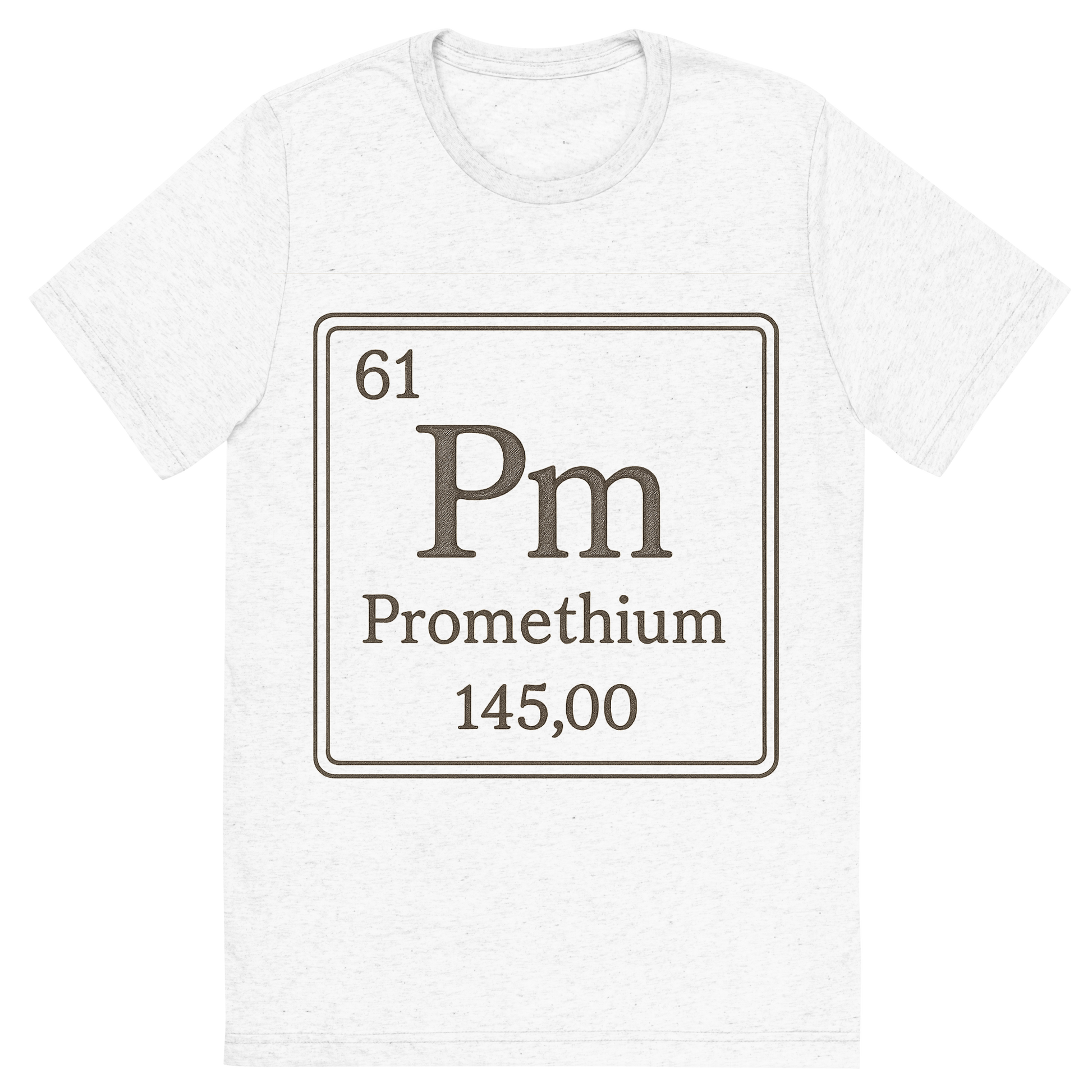 Front view of a Premium Tri-Blend Crew Neck T-Shirt in Solid White showing 'A line art, nostalgic graphic of promethium's entry on the periodic table, use a dark color for the lines and text'