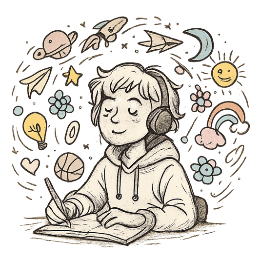 A hand-drawn ink with pop color, imaginative graphic of a floating swirl of sketchbook doodles around a student with a dreamy expression. “doodles & daydreams” written in whimsical handwritten font below. transparent background, centered layout, hand-drawn ink with pastel pop accents. dtg optimized. - a t-shirt design