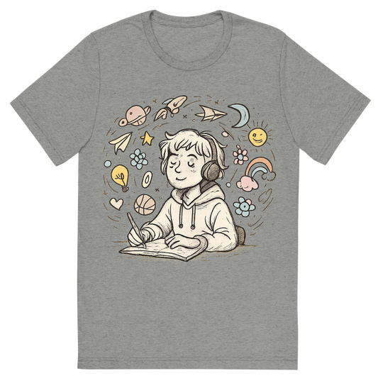 Front view of a Premium Tri-Blend Crew Neck T-Shirt in Athletic Grey showing 'A hand-drawn ink with pop color, imaginative graphic of a floating swirl of sketchbook doodles around a student with a dreamy expression. “doodles & daydreams” written in whimsical handwritten font below. transparent background, centered layout, hand-drawn ink with pastel pop accents. dtg optimized.'