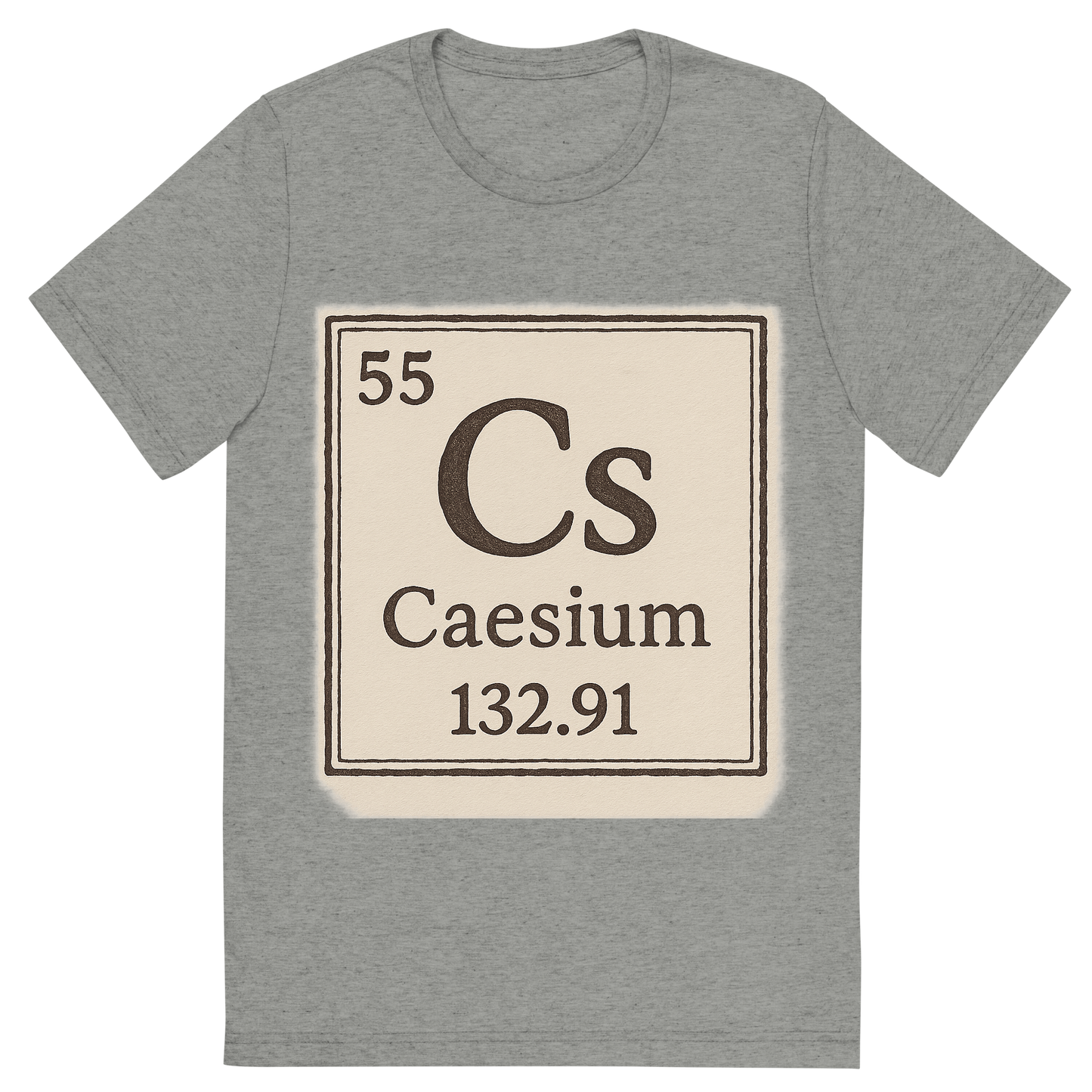 Front view of a Premium Tri-Blend Crew Neck T-Shirt in Athletic Grey showing 'A line art, nostalgic graphic of caesium's entry on the periodic table, use a dark color for the lines and text'