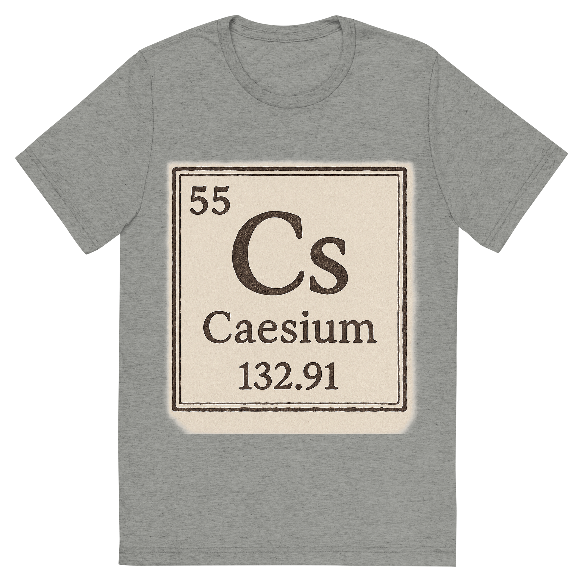 Front view of a Premium Tri-Blend Crew Neck T-Shirt in Athletic Grey showing 'A line art, nostalgic graphic of caesium's entry on the periodic table, use a dark color for the lines and text'