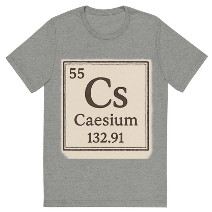 Front view of a Premium Tri-Blend Crew Neck T-Shirt in Athletic Grey showing 'A line art, nostalgic graphic of caesium's entry on the periodic table, use a dark color for the lines and text'